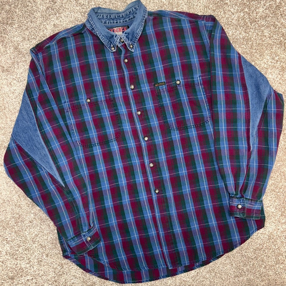 Vintage 90s Ivy Crew Button Down Denim Collar Plaid Shirt Men Size XL Grunge
